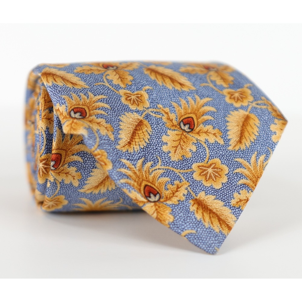Robert Talbott Best of Class Silk Necktie Blue Gold Floral Print Preppy USA